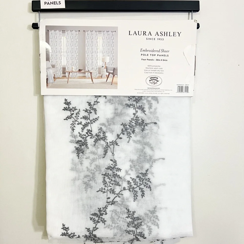 4 Laura Ashley Embroidered Floral Vines Sheer Curtains 38x84” New
